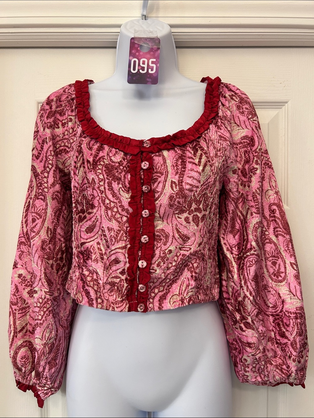 Free People Pink Paisley Ruffled Button Crop Blouse